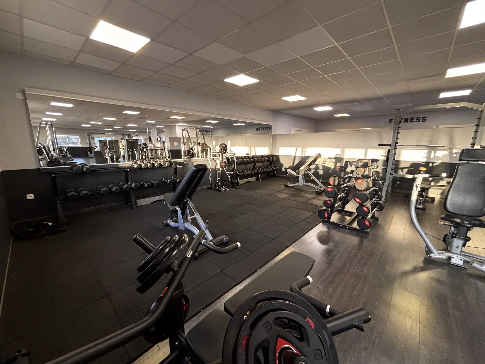Espace de musculation avec machines et charges libres