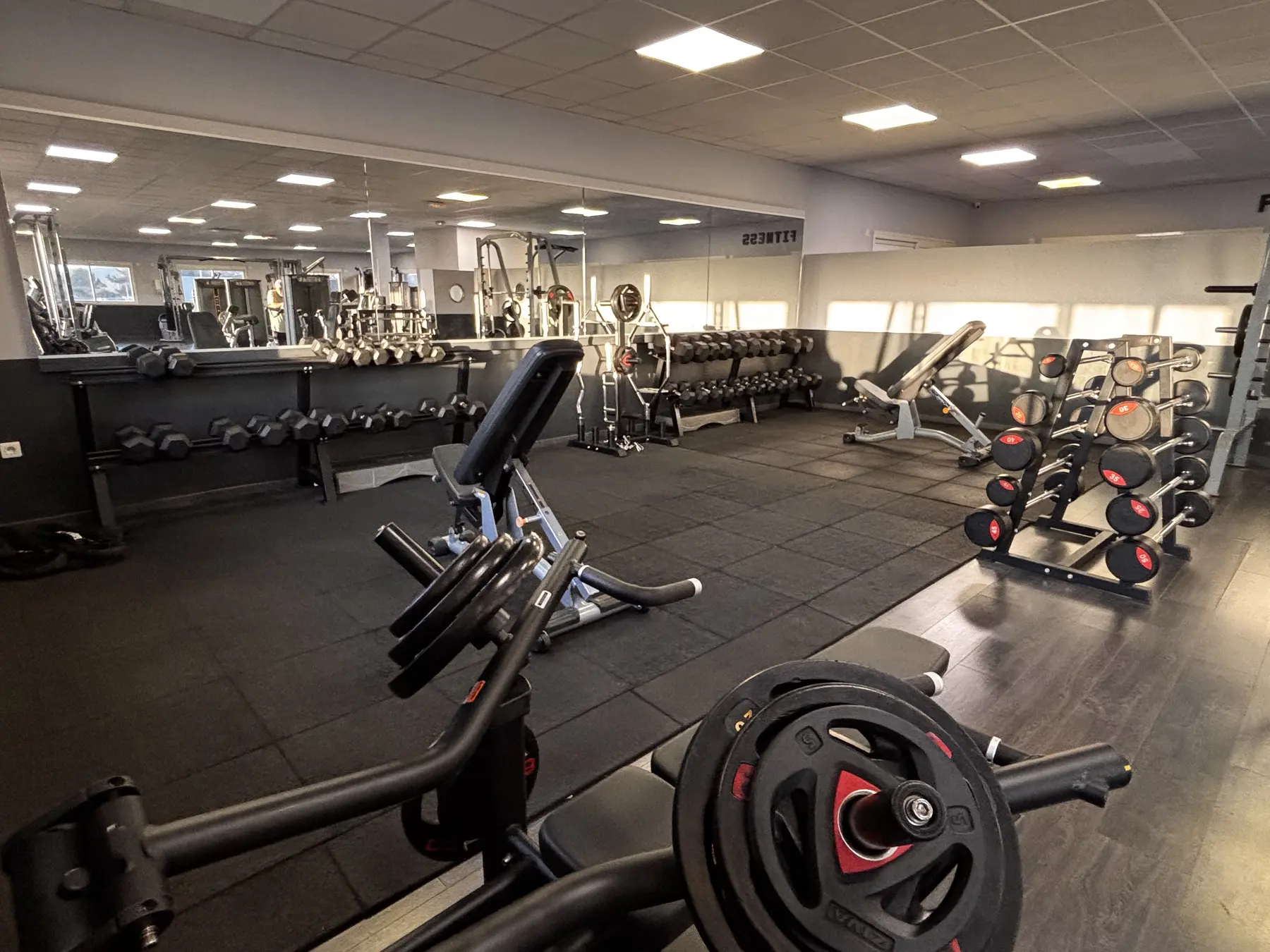 Vue panoramique sur les bancs et haltères du club