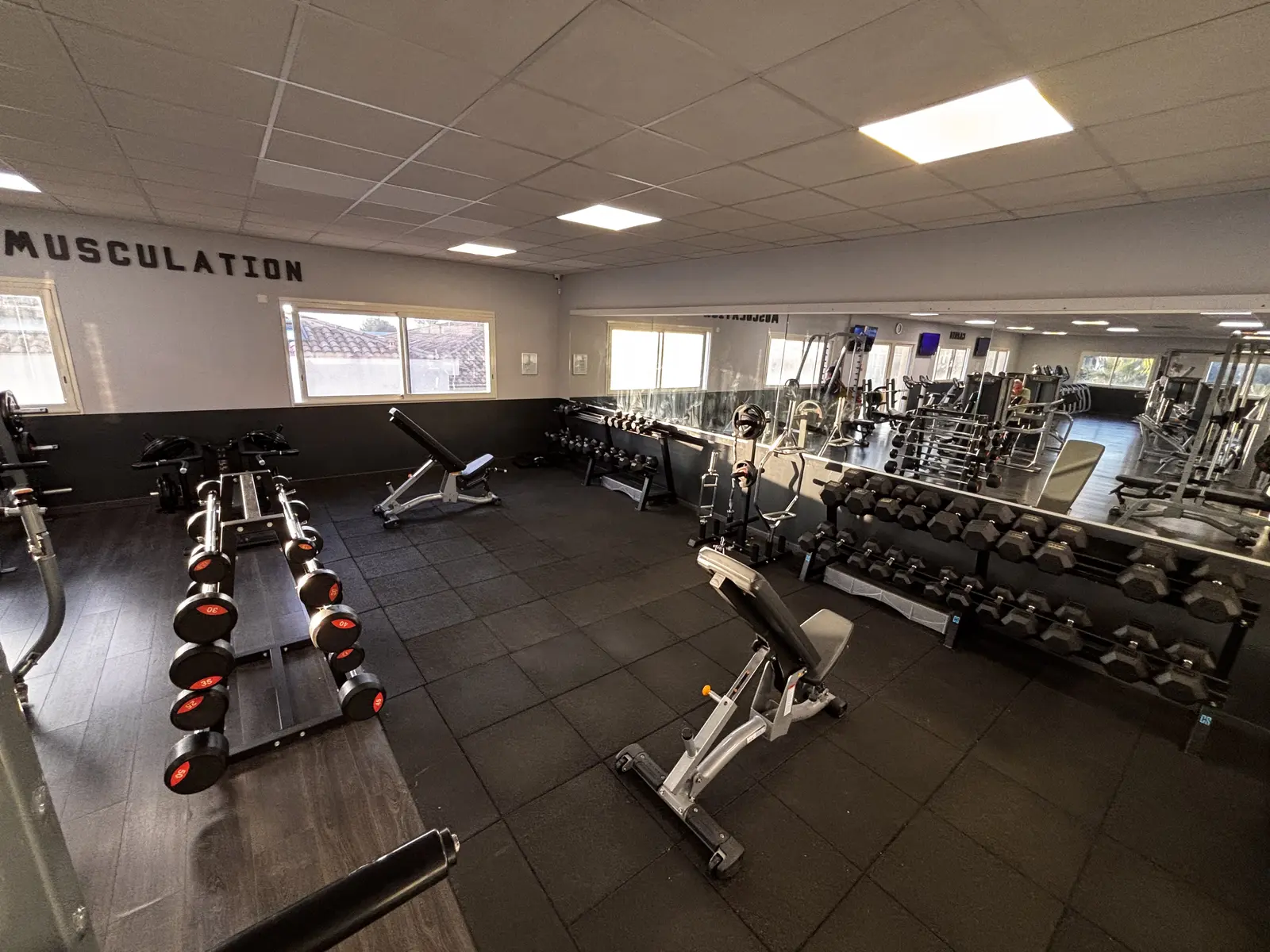 Zone musculation équipée de bancs réglables et d’haltères